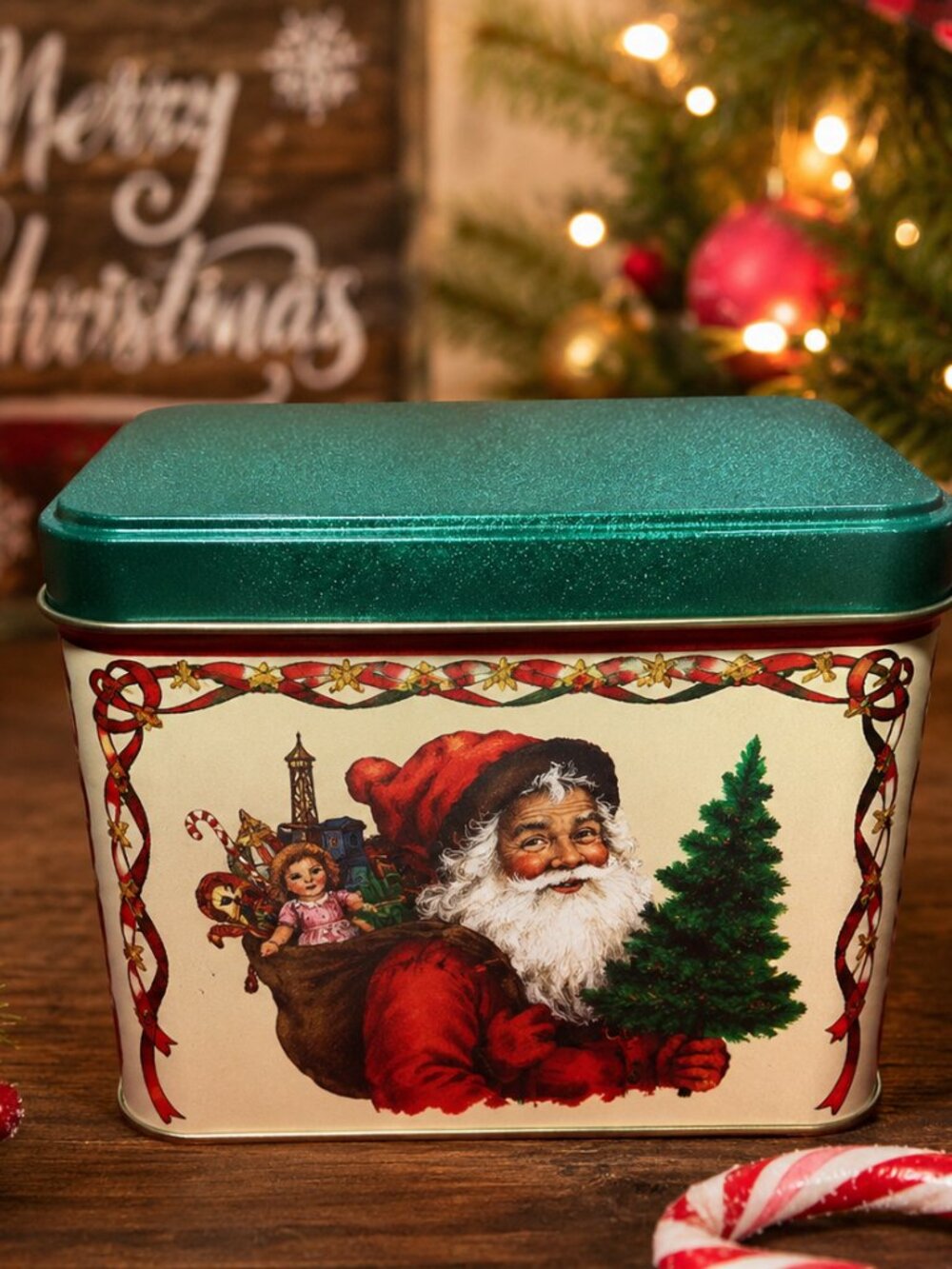 Retro Style Santa Christmas Tin Box Holiday Storage Decor